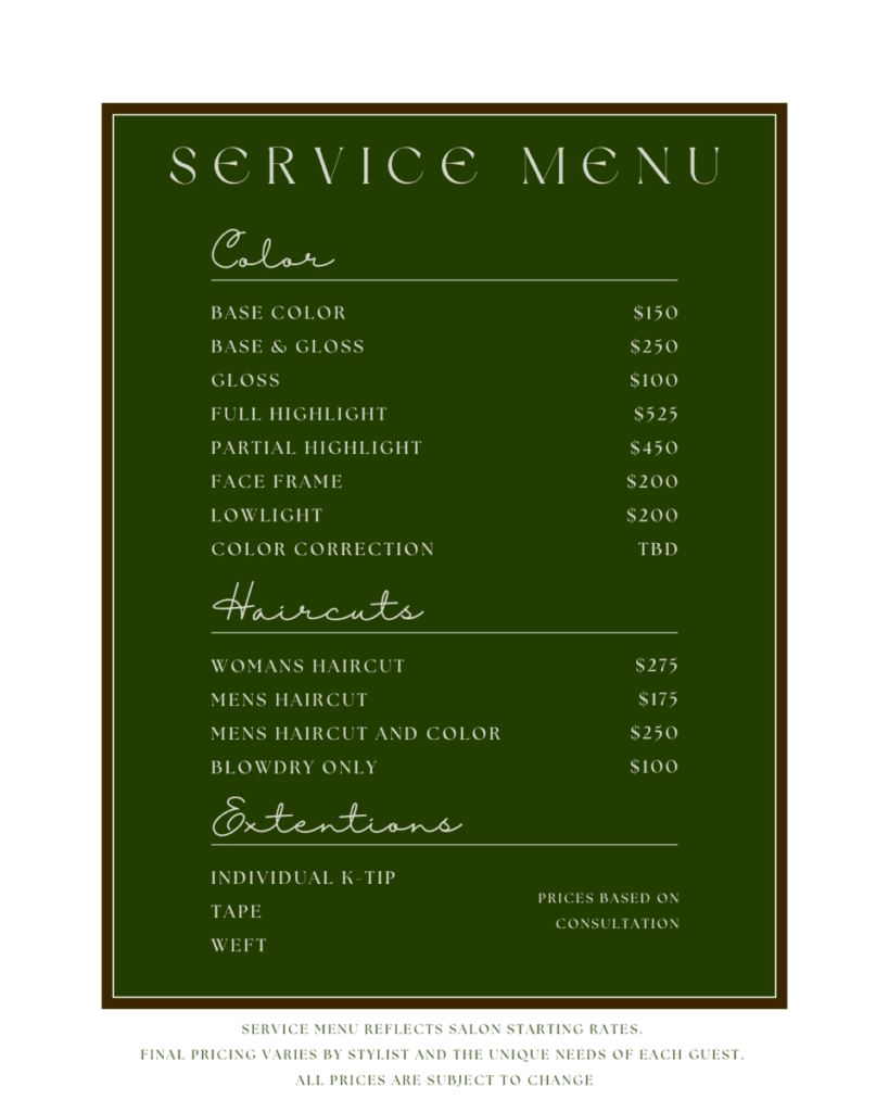 Strnd Hair Studio in West Hollywood Menu